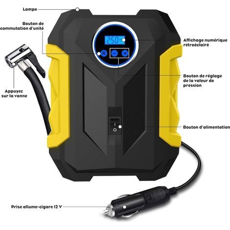 Gonfleur Pneus Voiture,Compresseur à Air Portatif 12V,Compresseur à Air 150PSI avec Jauge de Pression des Pneus Et lumière LED, Jaune (1/4)