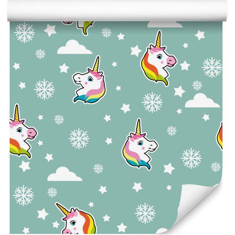 Carta da parati effetto neve con unicorni e petali di fiori per soggiorno e camera da letto, 50x1000 cm (1/5)