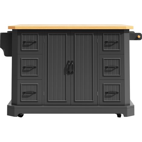 Îlot de cuisine mobile avec 2 portes et 6 tiroirs, roulettes, MDF blanc/noir, 120x45x91 cm (1/5)
