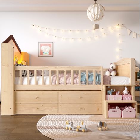 Lit enfant mi-hauteur 90x200 cm en pin naturel, rangements LED, pour chambre, sans matelas – MEUBLIV (1/5)