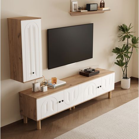 Parete attrezzata TV 170x40x50 cm bianco e legno naturale in pannelli di particelle con ante scolpite (1/4)