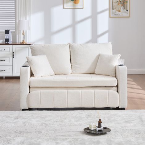 Canapé multifonctionnel en tissu, canapé pliant extensible, utilisable comme canapé ou lit, avec poches de rangement sur les accoudoirs, fonction de chargement USB et porte-gobelets (chenille beige)