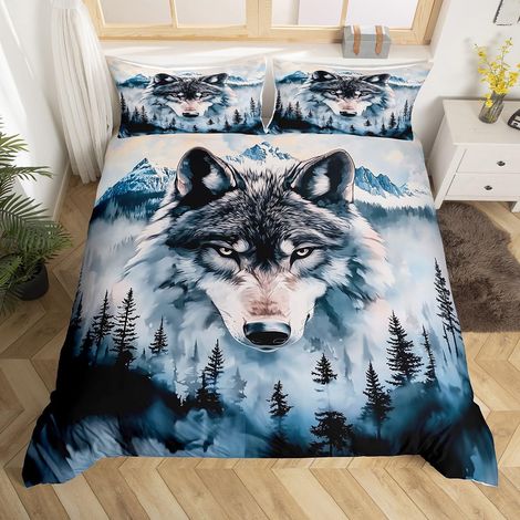 Parure de lit abstraite en pin avec housse de couette 155 x 220 cm Motif loups et montagnes Style moderne et élégant Pour enfants garçons filles adolescents Motif animaux (1/5)