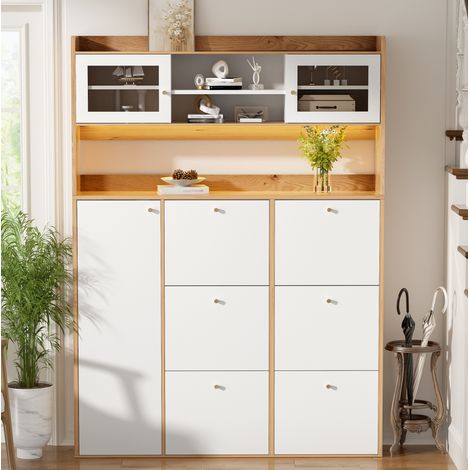 Zapatero estrecho con LED y cristal, 6 compartimentos dobles, blanco y madera natural OKMYHOME (1/5)