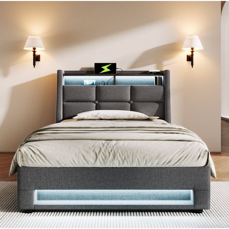 Bett mit Stauraum 90x200 cm, Leinenstoff Grau, LED, USB, Lattenrost, gepolstertes Kopfteil, inklusive Matratze (1/5)