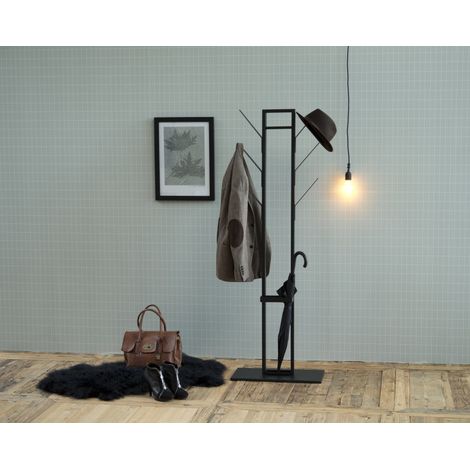 Portemanteau Vimp en métal noir laqué avec porte-parapluies. (1/3)