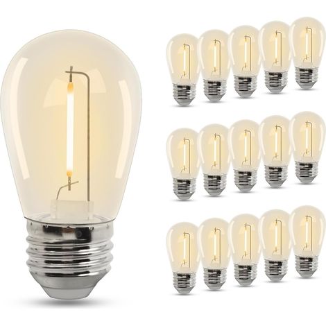 S14 E27 220V Ampoules Filament LED, Ampoule Edison plastique Blanc Chaud 2700K 1W, équivalente 20W, pour remplacement d'ampoule de guirlande lumineuse extérieure étanche, 15 pièces (1/5)