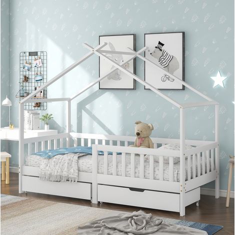 MEUBLIV Lit cabane enfant avec 2 tiroirs et barrières de sécurité bois massif blanc 200 x 90 cm (1/5)