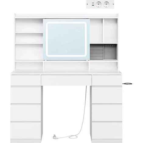 Coiffeuse moderne blanche avec miroir coulissant LED, 9 tiroirs, prises USB et Type-C, rangement malin pour maquillage et soins – CHICFURN (1/5)