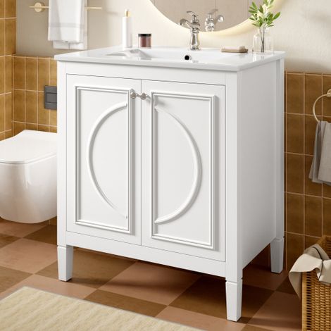 Meuble Lavabo, 76 x 46.5 x 88.5 cm, Vasque Intégrée, Étagères Réglables, MDF Laqué, 2 Portes, Céramique et MDF, Blanc (1/5)
