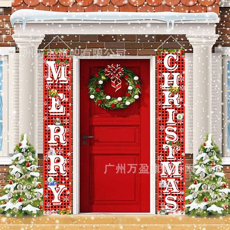 2 distiques de Noël, décorations extérieures, drapeaux extérieurs, tissu suspendu à carreaux créatif avec ambiance festive, drapeau suspendu décoratif 180 cm x 30 cm tissu polyester 100D (1/4)