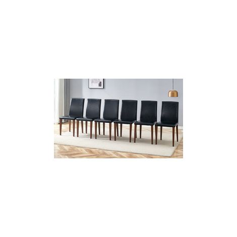 [Juego de 6 sillas de comedor minimalistas] Lujo europeo ligero con acabado en nogal negro: piel sintética negra y patas metálicas con efecto nogal oscuro. Ideal para comedores modernos. (1/5)