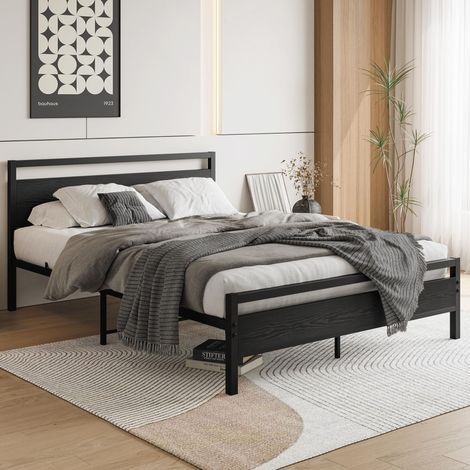 Letto matrimoniale 140/200 cm in metallo e MDF nero con rete a doghe e spazio contenitore (1/5)