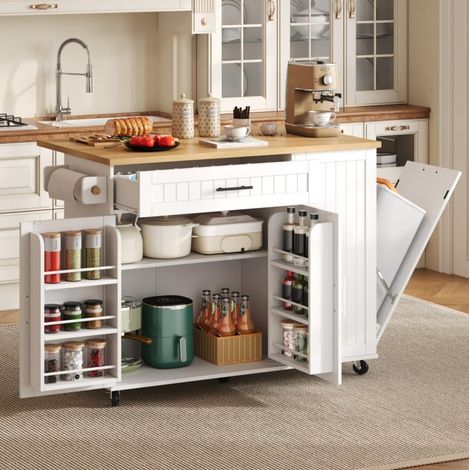 Carrello da cucina mobile 130x70x93 cm con piano pieghevole, cassetto, vano portaoggetti e ruote con freno, in MDF bianco (1/5)
