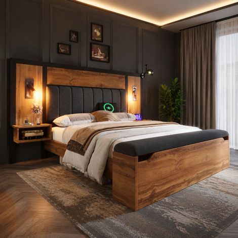 Lit double 160x200 cm métal MDF lin chêne, rangement intégré pour chambre, sans matelas – MEUBLIV (1/5)