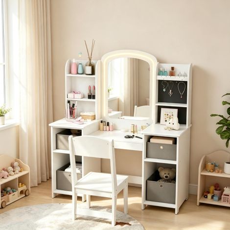 Toeletta per bambini 104x40x112 cm in MDF bianco con specchio LED e contenitori – MEUBLIV (1/5)