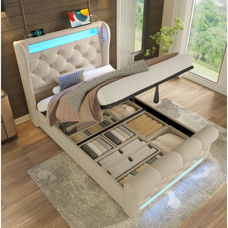Cama individual tapizada clásica 90x200 cm en terciopelo beige con cabecero con almacenamiento, LED, USB-C y arcón (1/5)