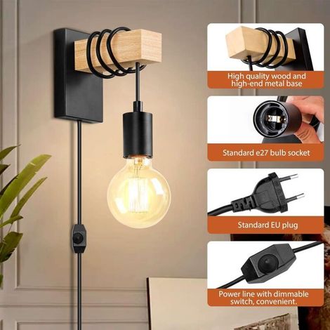 Applique murale en bois noir vintage E27 – Interrupteur rotatif – Hauteur 16 cm – Pour salon, chambre, café, bar (1/4)