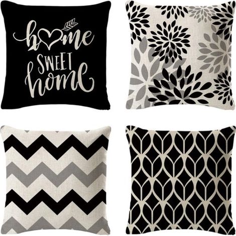 Ensemble de 4 housses de coussin d'extérieur - Coussins décoratifs bohèmes pour canapé, salon ou terrasse - Parfait pour le salon - Noir/Blanc - Lot de 4 (1/5)