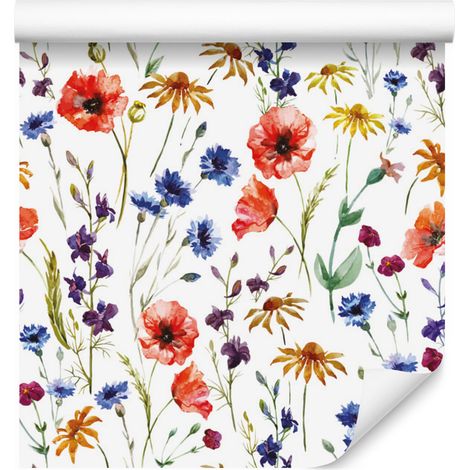 Papier peint à motifs de coquelicots, de bleuets et de camomille pour salon et chambre, 50 x 1000 cm (1/5)