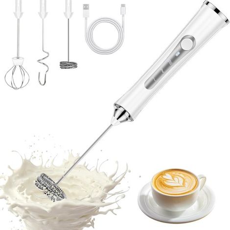 Wiederaufladbarer Milchaufschäumer mit USB-C-Anschluss 3 Geschwindigkeitsstufen elektrischer Mixer mit 3 Rührköpfen aus Edelstahl geeignet für weiß (1/5)