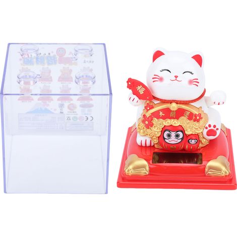 Waving Arm Lucky Cat Décoratif en Plastique à Energie Solaire, Fonction Détecteur Lumière pour Maison/Intérieur/Bureau, Statue de Fortune Rouge, Taille 8cm (1/5)