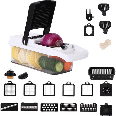 Hachoir à légumes 22 en 1 avec récipient et couvercle, mini robot culinaire manuel autonettoyant pour légumes à la main pour oignon et ail, coupe-légumes multifonctionnel, séparateur de blanc d'œuf (1/5)