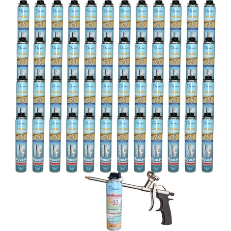 DSTOCK60 - 48 mousses pistolables expansives 750ml + 1 pistolet + 1 nettoyant - Isole. colle et rebouche - Extérieur & Intérieur