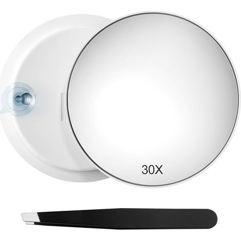 Miroir Grossissant 30X Maquillage avec Ventouses et Pince à Épiler Portable (15 cm Rond), Petit Miroir de Voyages pour Maquillage Convient pour la Chambre la Salle de Bain (1/5)