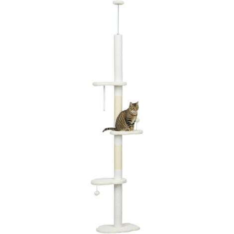 Arbre à chat 225-255 cm réglable en hauteur Tour pour chat 3 griffoirs et 2 balles 48x32x225-255 cm blanc (1/5)