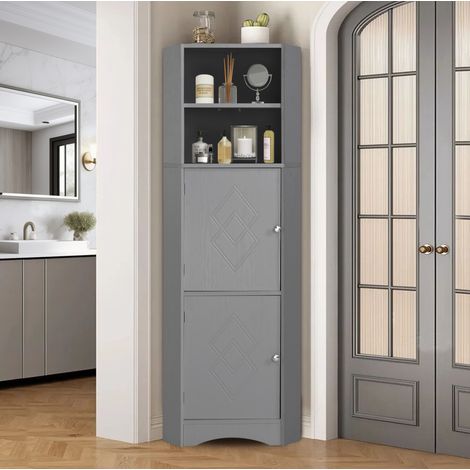 Mueble de baño esquinero alto con 2 huecos abiertos, balda ajustable, puerta decorada, resistente a la humedad, ideal para espacios pequeños CHICFURN (1/5)