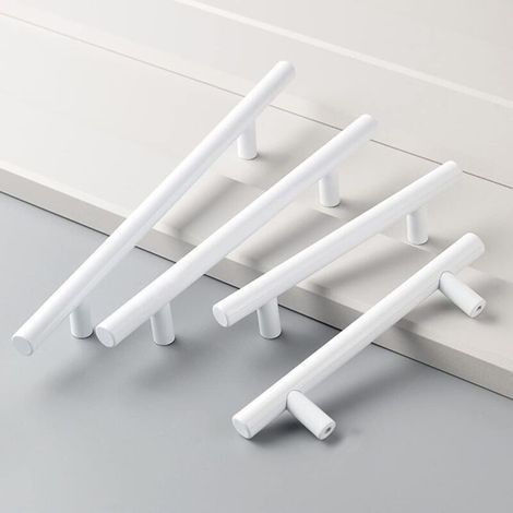 Un ensemble de 4 poignées de meuble blanches, diamètre 12 mm, poignées de porte de cuisine blanches, poignées en forme de T, adaptées aux armoires et tiroirs, entraxe de 128 mm. (1/3)