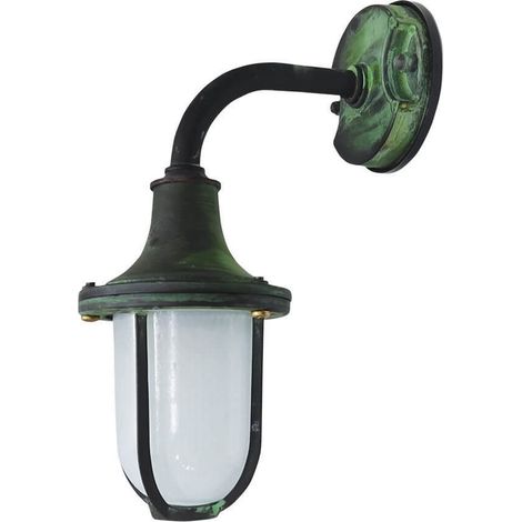 Außenleuchte Wand Echt-Messing Glas 30 cm hoch IP64 Grün Antik E27 Maritim