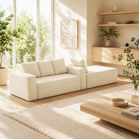Sofá modular seccional en L (261x168x58 cm), sin montaje, chaise reversible, corduroy beige (1/5)