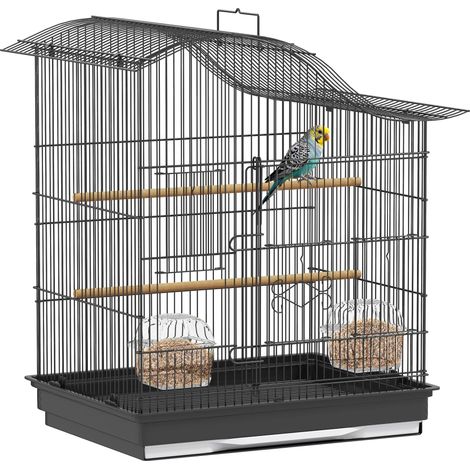 Cage à oiseaux 4 portes avec 2 gamelles, 2 perchoirs et un plateau, métal et plastique, 47,5 x 36 x 54,5 cm, noire