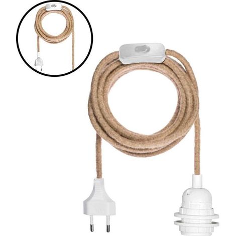 Suspension d'extérieur E27 blanche – Cordon jute naturel 4 m – Prise avec interrupteur – Pour éclairage décoratif intérieur et extérieur – (1/3)