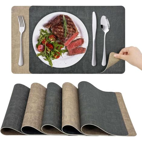 Bardusch-Lot de 6 sets de table plastique double face 43x30 cm + 6 dessous verre 10x10 cm, résistants chaleur, gris abricot (1/5)