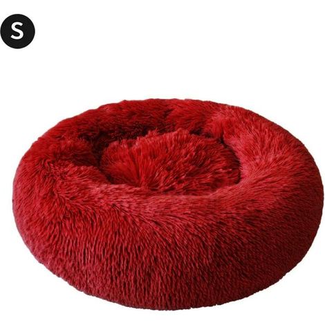 50cm Round Dog and Cat Basket Soft and Comfortable Plush Donut Cat Warm Fluffy Puppy Bed for Winter Sleeping - wine red (1/5)