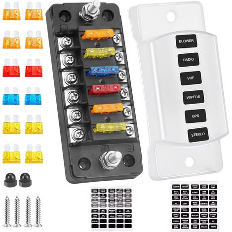 Automotive fuse box, 6-way fuse box (positive and negative), 1 input and 6 outputs, pluggable power distributor with LED indicator