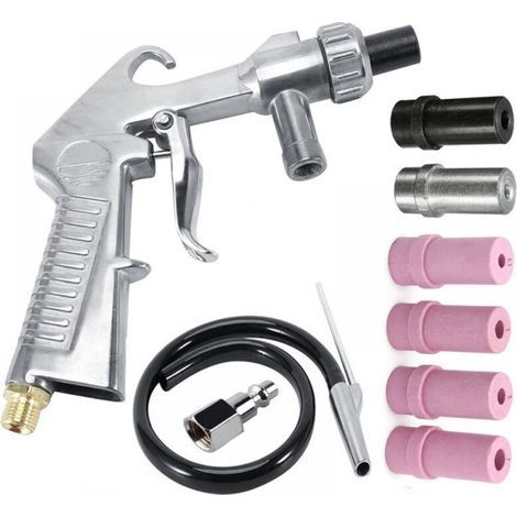 CHOYCLIT Pistolet Sablage Air Comprimé Sandblaster avec Tuyau d'Alimentation de 1 M, Pistolet à Sable Sand Blaster avec 3 Buse de 6mm de Céramique, Métallique Blanche et Noire, un Raccord d'Air (1/5)
