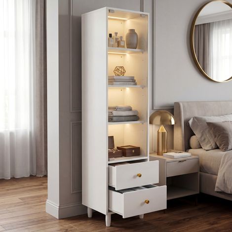 Meuble rangement vitrine LED en MDF verre blanc OKMYHOME (1/5)