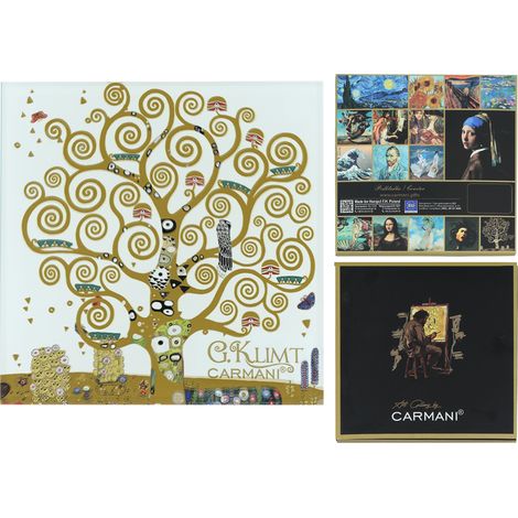 Carmani, posavasos de cristal de aprox. 11,5 x 11,5 cm - Gustav Klimt/Árbol de la vida, fondo blanco (1/5)
