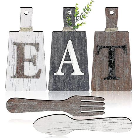 Ensemble de planches à découper et panneaux décoratifs « Mangez » à suspendre pour la cuisine : fourchette et cuillère. Décoration murale rustique et champêtre pour la cuisine et la maison. (1/5)