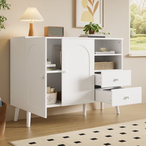 Comanlai - Buffet Buffet Bas Scandinave 118 cm avec Portes Décor Arche, Meuble de Rangement Salon avec 2 Portes, 2 Tiroirs et Compartiments Ouverts - Blanc (1/5)