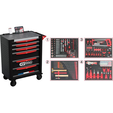 KS Tools - Servante d'atelier 6 tiroirs fabriquée en France, équipée de 265 outils - 824.6536F