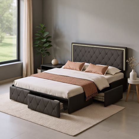 Polsterbett 140x200 cm, Doppelbett mit LED-Beleuchtung, Modernes Jugendbett mit 4 Schubladens, Bettgestell mit Kopfteil und Lattenrost, PU Grau, Ohne Matratze