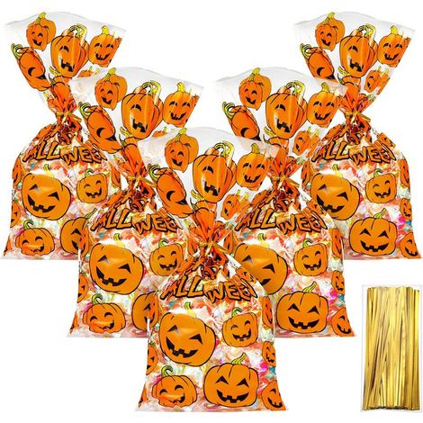 Lot de 100 sacs cellophane à friandises Halloween en forme de citrouille, pochettes avec liens torsadés dorés