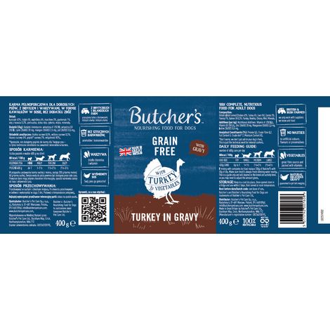 Nourriture pour chien Butcher's Original Turkey in Gravy, avec dinde et légumes, morceaux en sauce, 400 g (1/2)