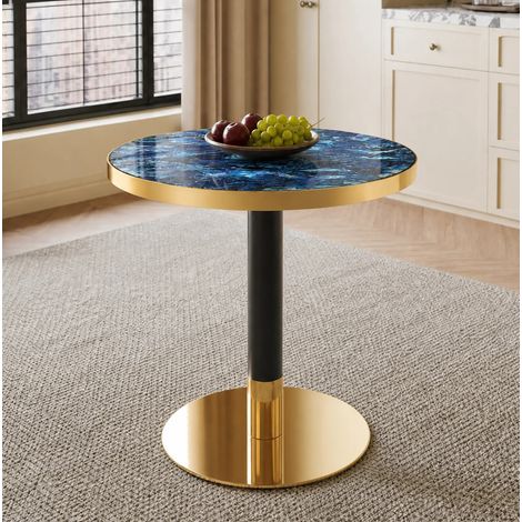 Table basse ronde 60 cm effet marbre bleu, structure en MDF et métal, avec bord doré HAVRYA (1/5)