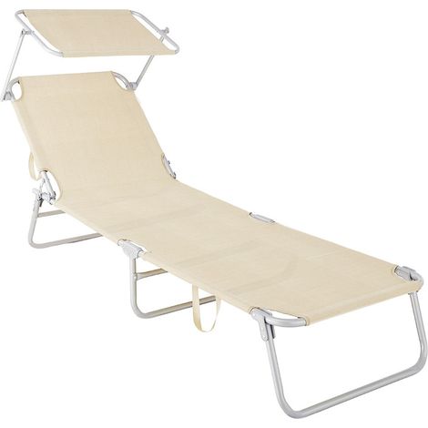 Trade Shop - Textilene Sunbed Con La Sombrilla De Mar Crema Jardín Ajustable Respaldo 281014 - (1/4)
